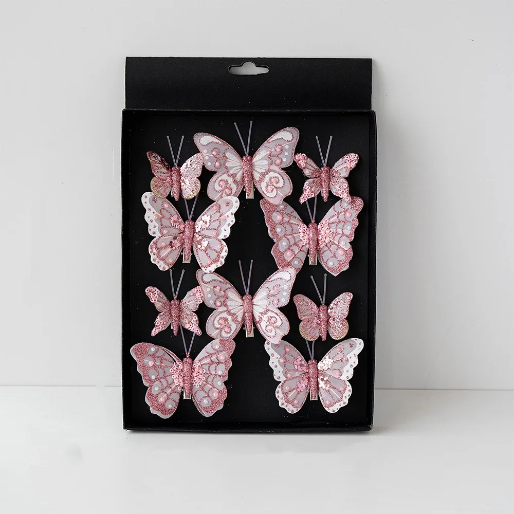 

5-7cm Butterfly Christmas Decoration Plastic Feather Colorful Simulation Butterfly Pendant with Clip Handmade