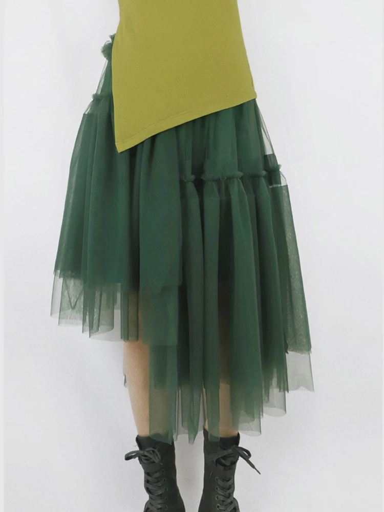 [EAM] High Elastic Waist Dark Green Irregular Hem Elegant Half-body Skirt Women Fashion Tide New Spring Autumn 2024 1DH7761