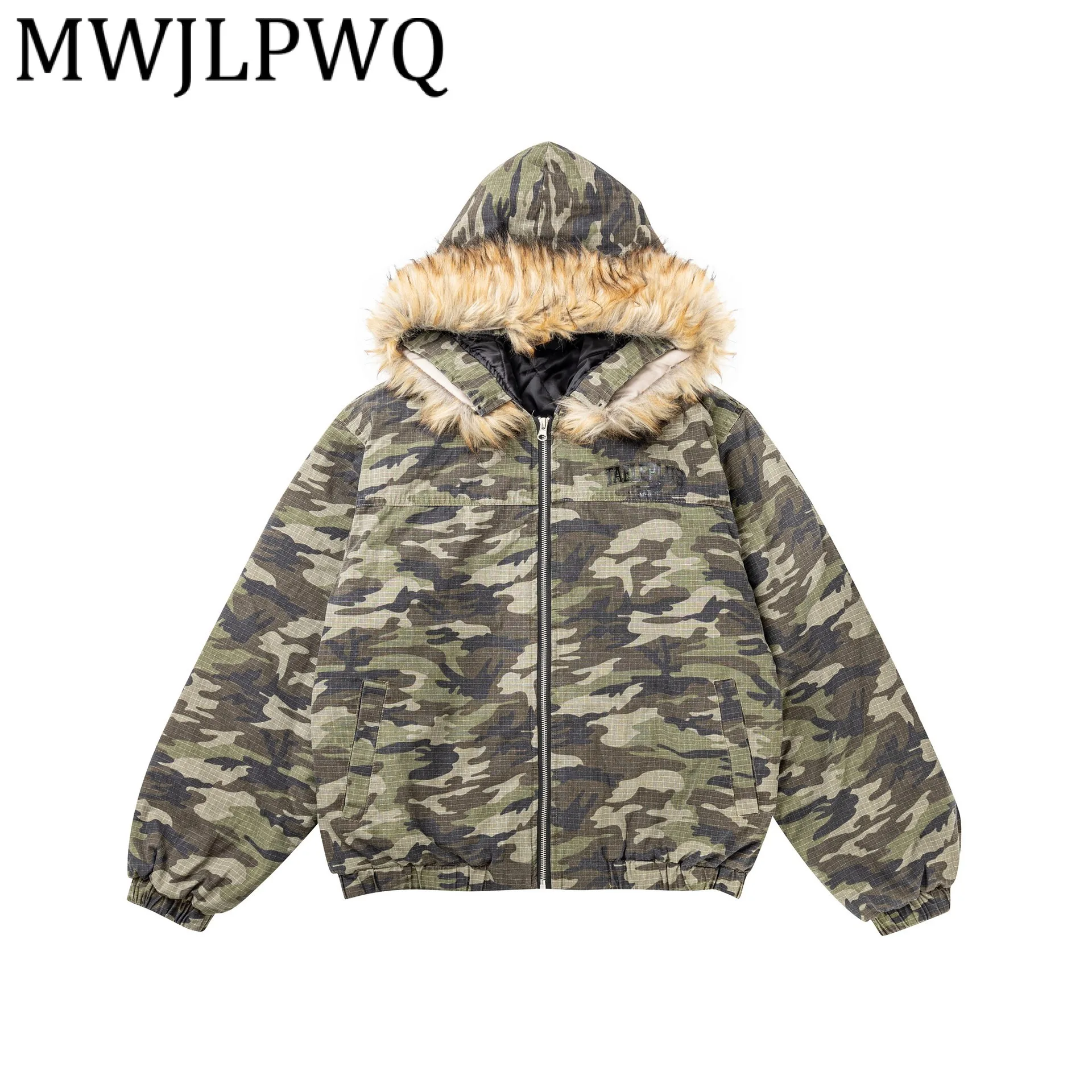

MWJLPWQ американская уличная мода камуфляжная хлопковая куртка со съемным меховым воротником мужская с длинным рукавом 2025 новые зимние шикарные топы 21492