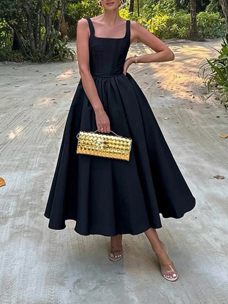 

QWEEK 2024 Fashion Black Spaghetti Strap Slip Long Dress Women New in Vintage Elegant Off Shoulder Party Maxi Dresses Ladies