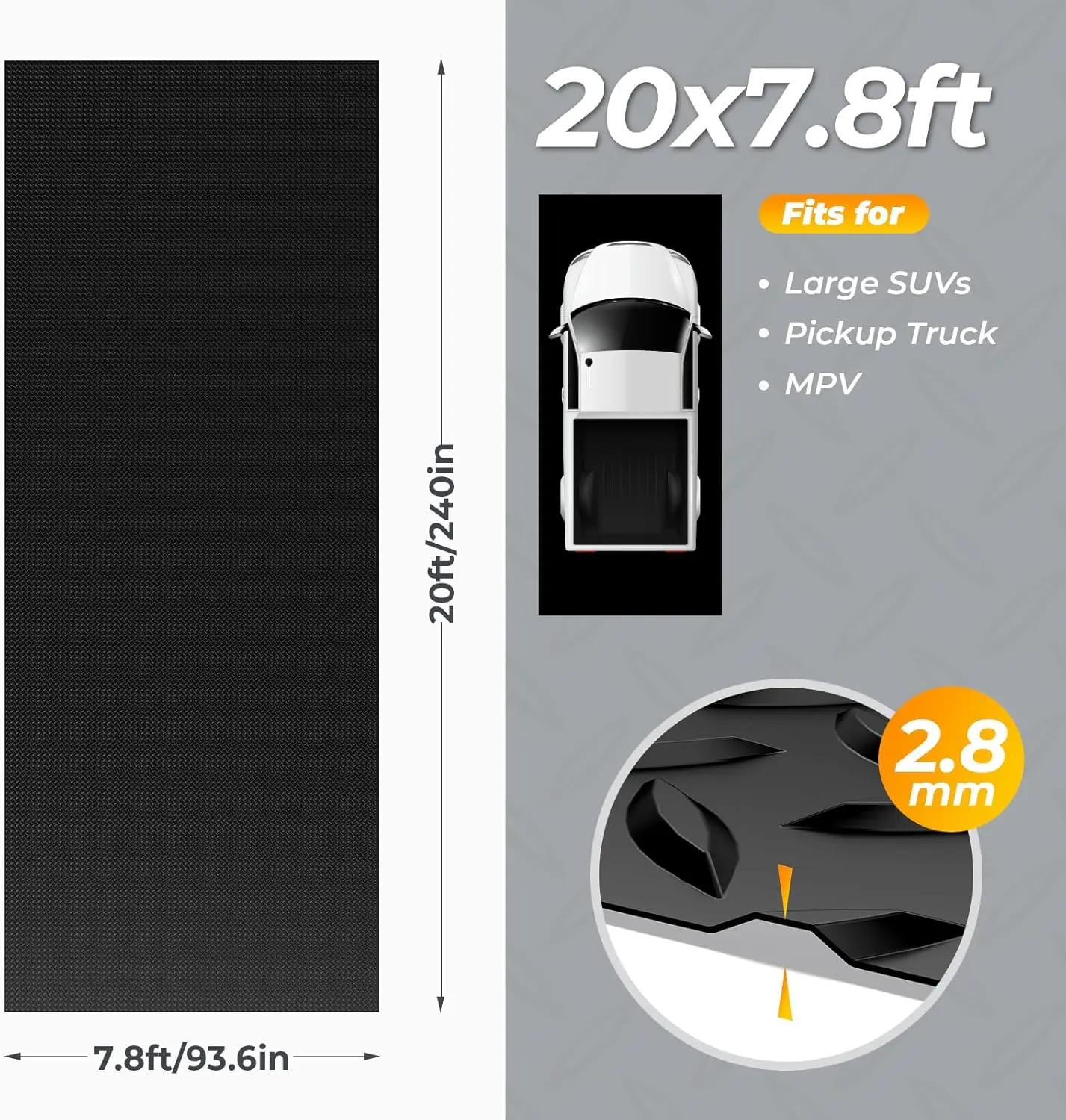 حصيرة أرضية جراج 7.8 × 20 قدم، لفة أرضية جراج من الفينيل بسمك 2.8 مم للسيارة تحت السيارة، مقاس كبير 156 SQFT