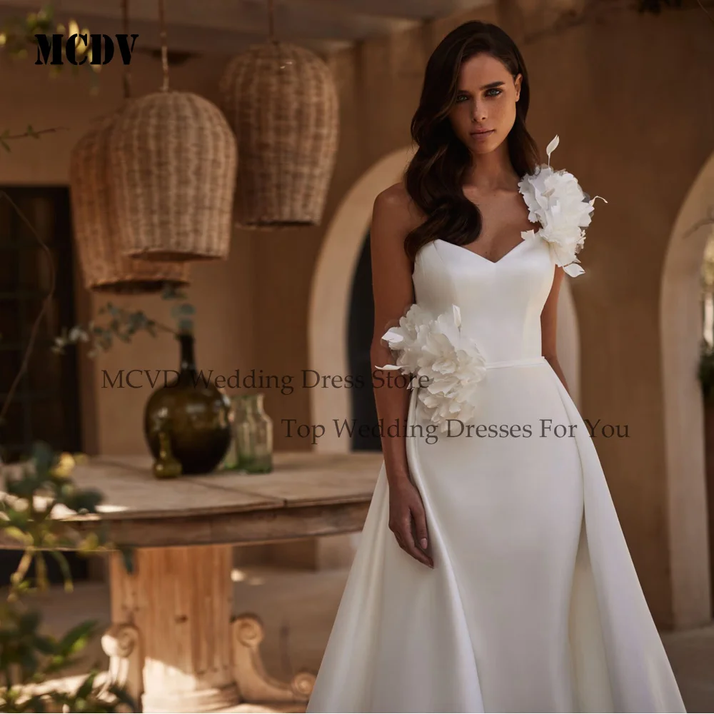MCDV 3D flores vestidos de novia de satén sirena un hombro vestidos de novia tren de barrido cariño vestidos de novia personalizados