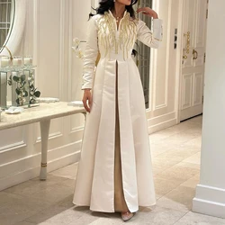 Customized Formal Pearls Crystal Off The Shoulder Jersey Evening Dress Modern A-Line High Collar Long Sleeves Homecomi