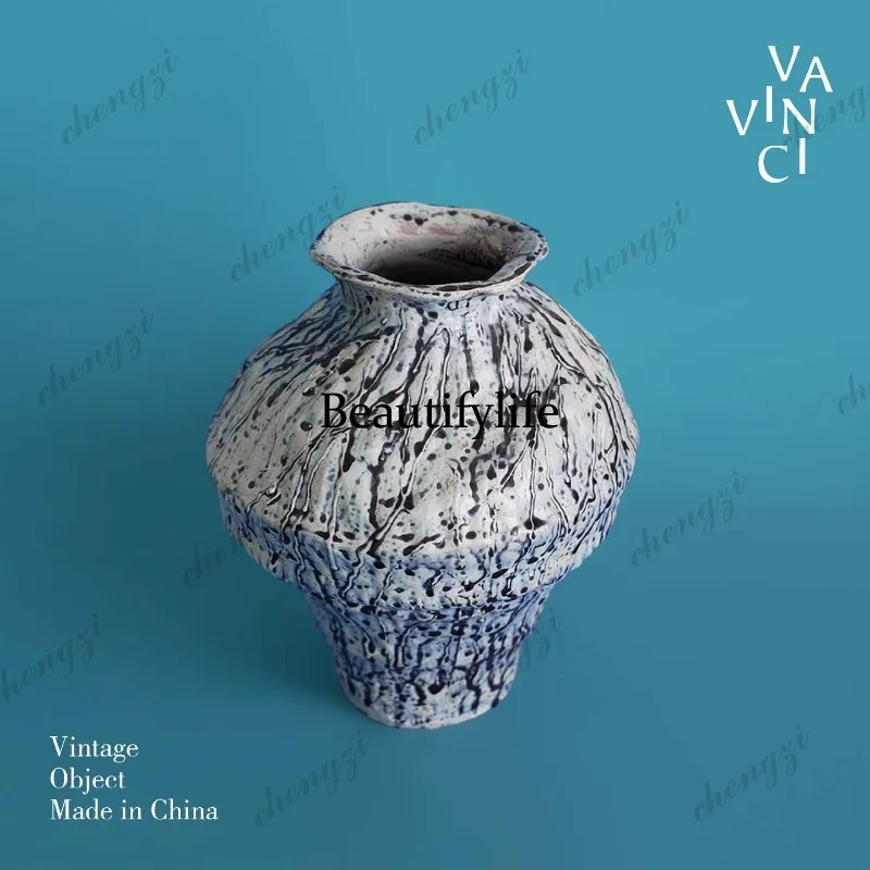 Wabi Sand Wind Chinese Retro Ceramic Vase Blue Living Room Entrance Flower Arranger Ornament