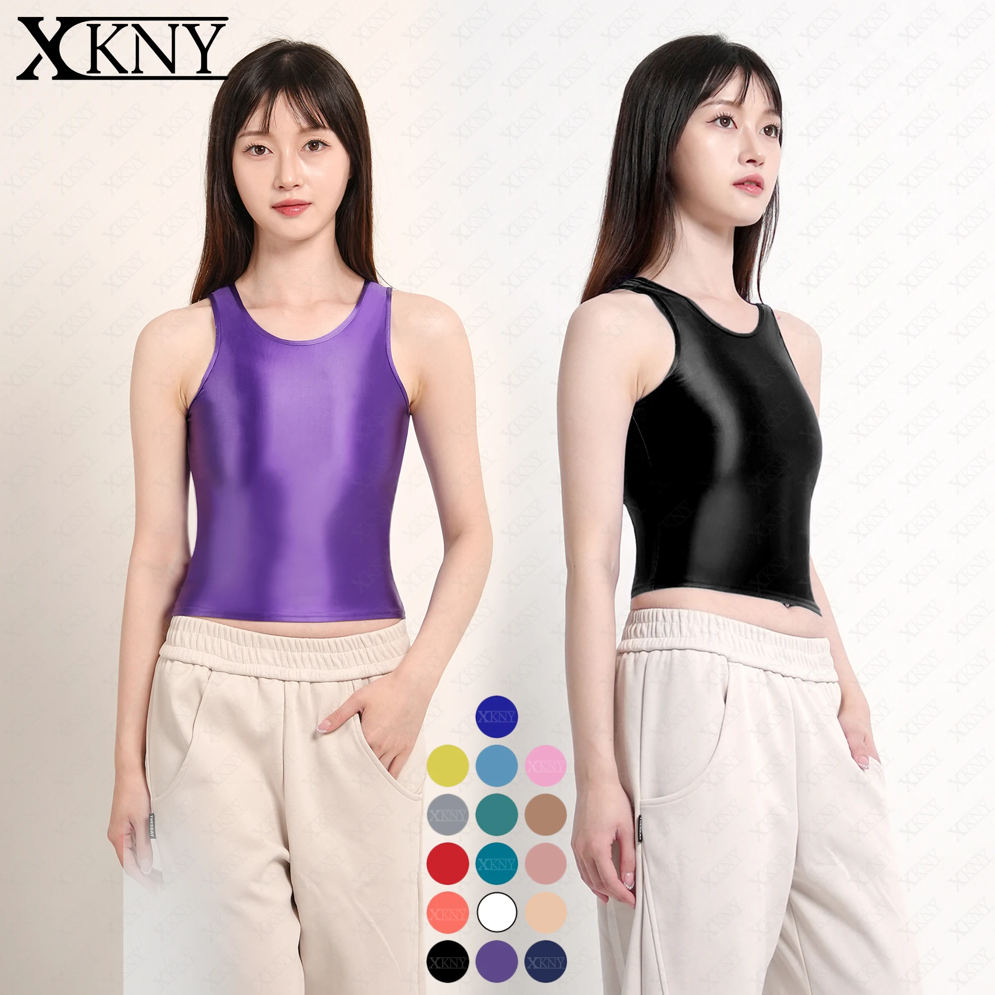 

XCKNY satin glossy top elastic versatile color bottomed shirt sleeveless suspender Oily silky vest sports Yoga swim Undershirt