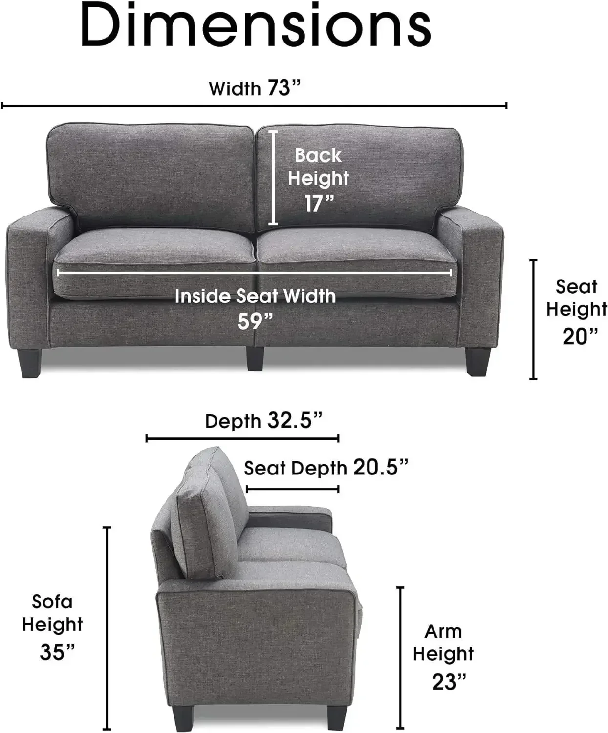 Serta Palisades Upholstered Sofas for Living Room Modern Design Couch, Straight Arms, Soft Fabric Upholstery, Tool-Free Assembly