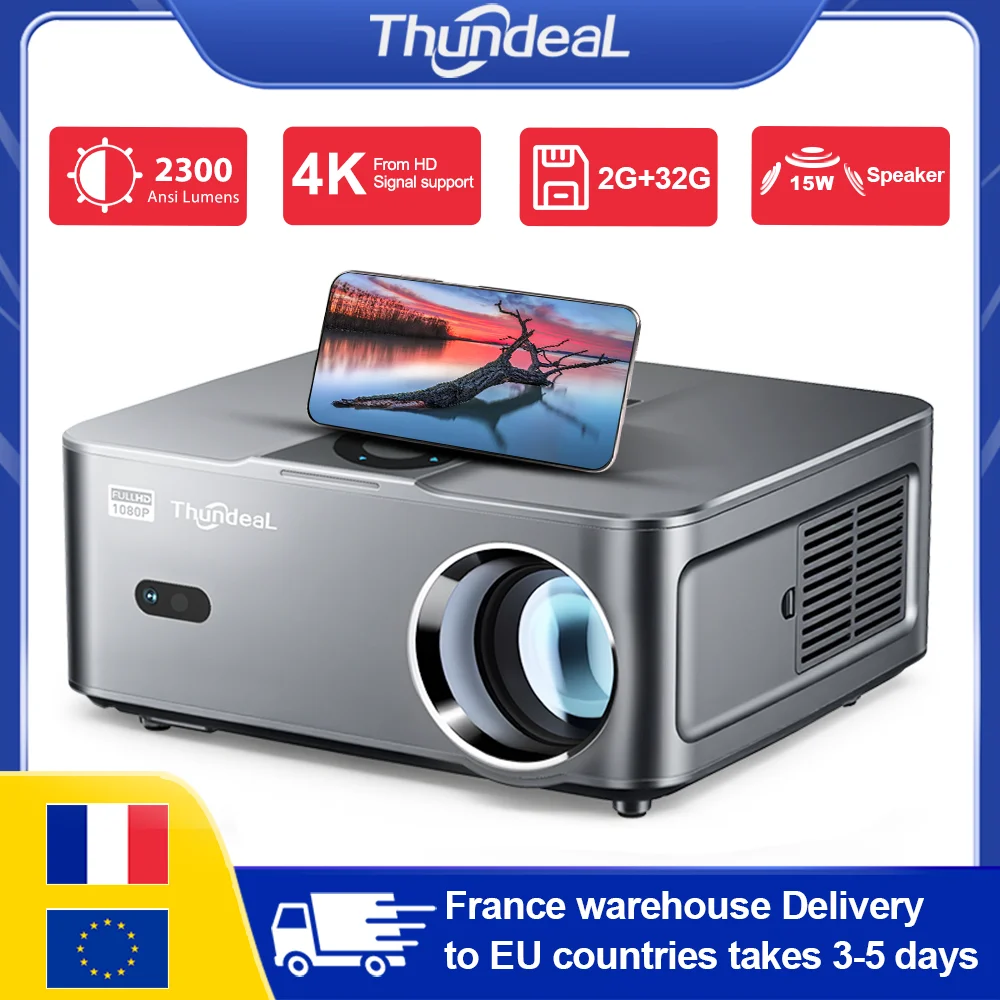 ThundeaL TD98 Mini-Projektor 1080P Full HD Tragbarer 4K Video Bluetooth Heimkino-Filmprojektor mit Eingebautem Lautsprecher WLAN Smart Cinema 3D Beamer