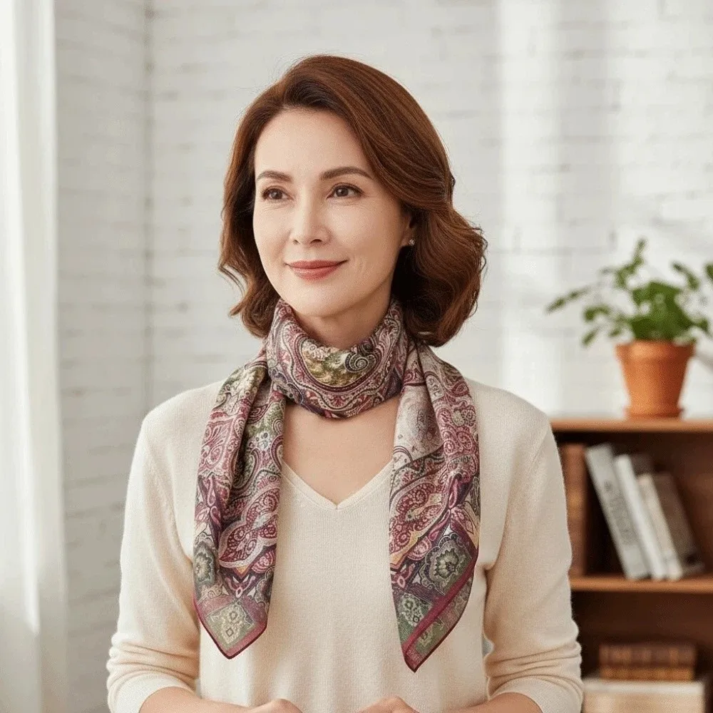 

Breathable Mom Square Headscarf Sunscreen Lightweight Double-sided Printed Silk Scarf Headband Personalized Design