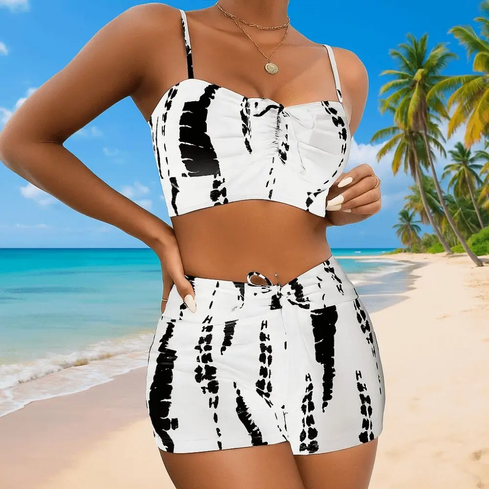 

Tie Dye High-Waist Bikini Set Flat Angle High Waist Shorts Trendy Swimwear Cross-Border Sexy Design Padded Bathing Suit