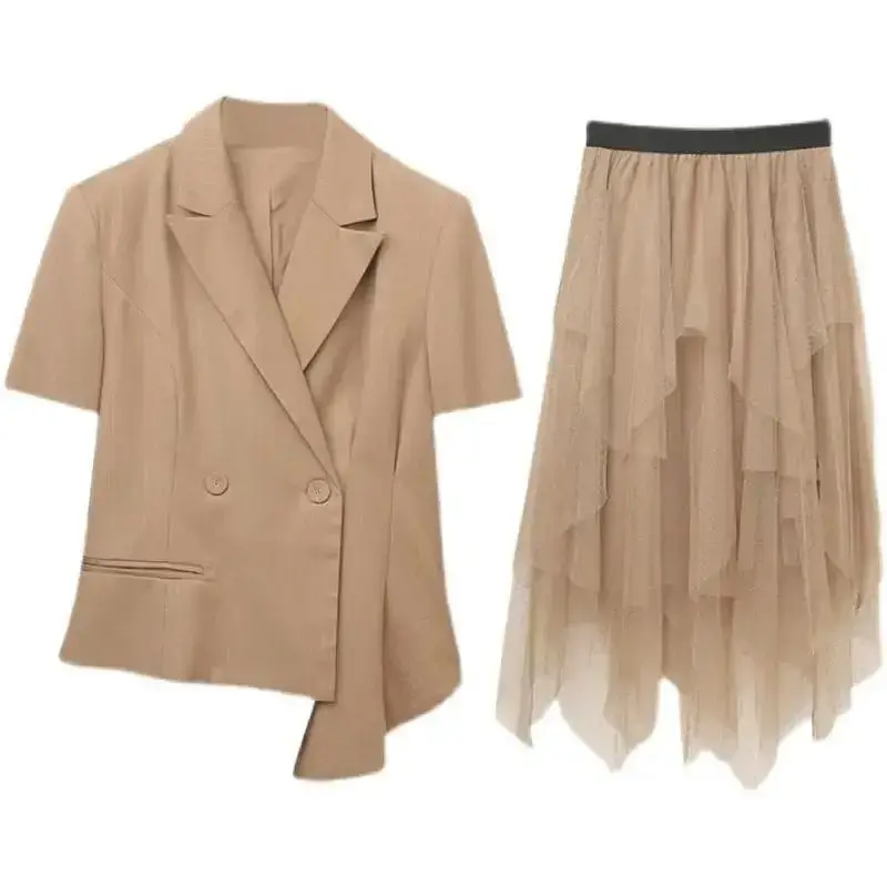 High End Socialite Suit Mesh Skirt Set for Women's Spring and Summer Professional Short Sleeved Waist Jacket Two-piece Set