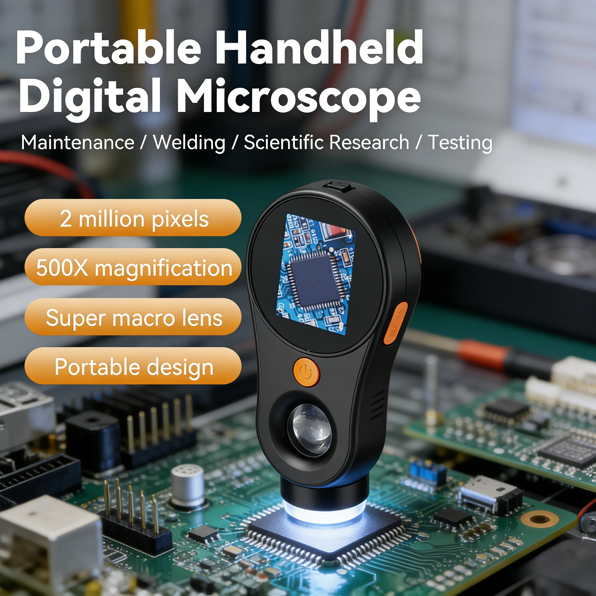2MP Lens Pixels Handheld Digital Microscope 500X HD IPS Color Screen Circuit Board Watch Repair Coin Diamond Fabric PC Magnifier