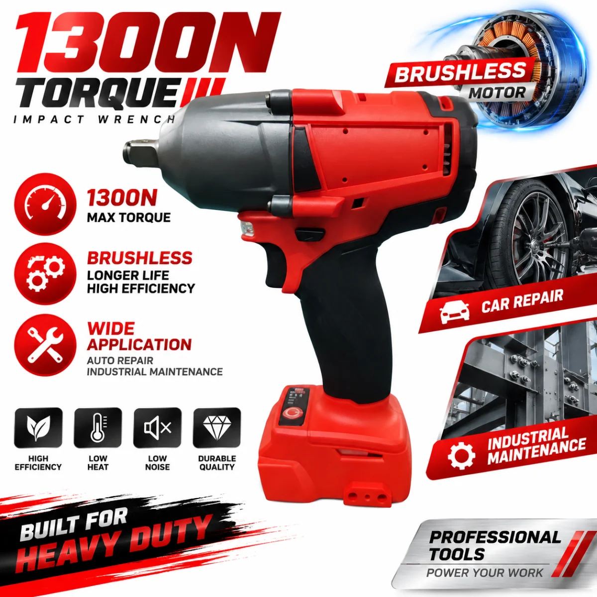 1300NM Torque Brushless Cordless Impact Wrench Electric Wrench Heavy‑Duty Repair Tool For Milwaukee 18V Battery for Car Truck