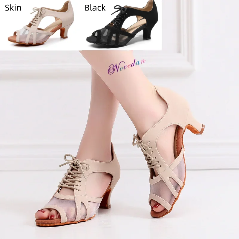 New Women's High Heels Jazz Dance Shoes Fashion Mesh Skin Black Latin Indoor/Outdoor Dance Party Sandals Ladies Shoes Heel 5.5CM