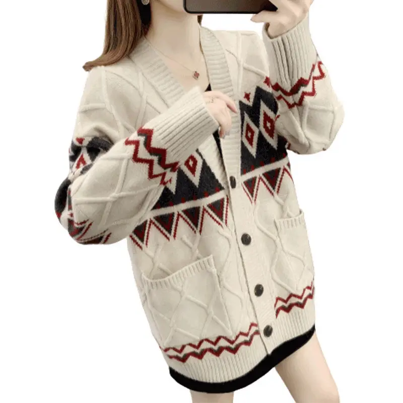 

New Fashion Women Knitted Sweaters Coat Autumn Winter Korean Long Sleeve V-Neck Pockets Button Cardigans Streetwear Casual V3