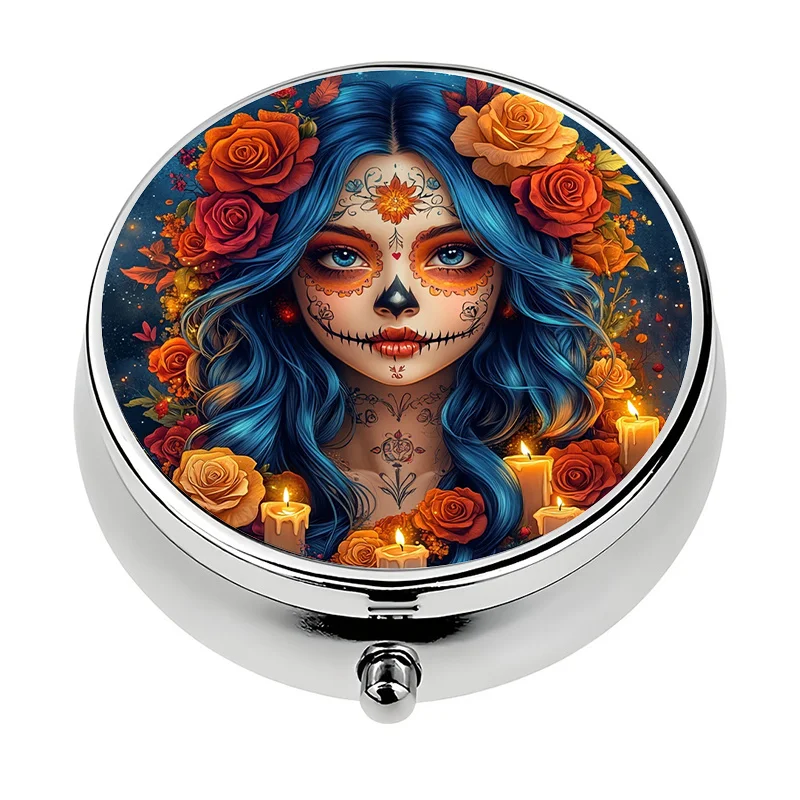 A portable pill box with three compartments, featuring a design inspired by the 