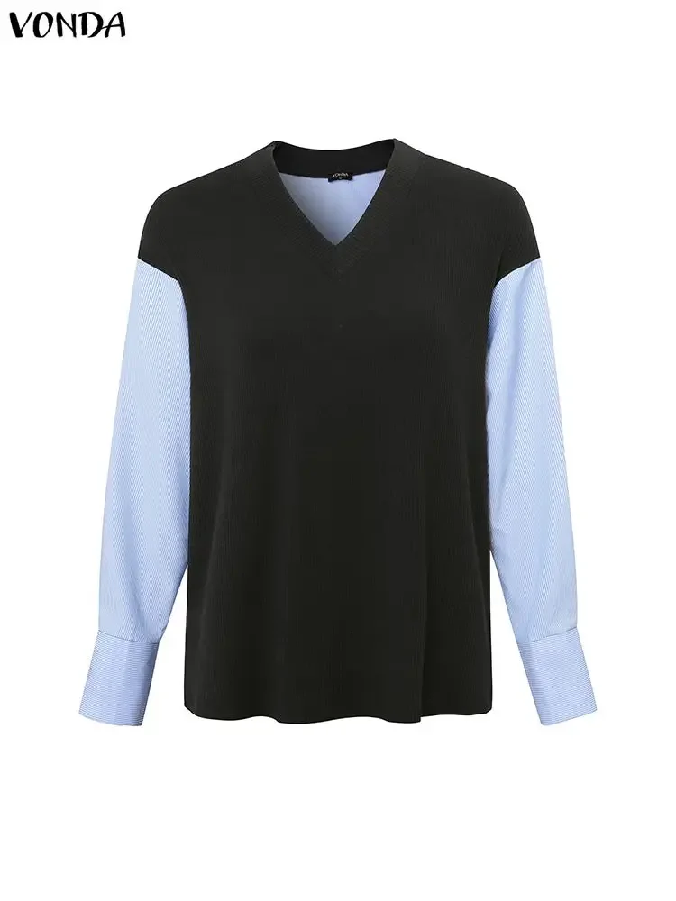 Stylish Tops VONDA Women Fashion Blouse 2025 Autumn Long Sleeve Knitted Color Patchwork Blusas V-Neck Casual Shirts Plus Size