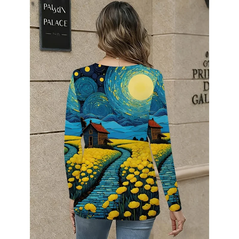 Women's Casual Long-Sleeve V-Neck with Starry Night Scenery Print, Suitable for Casual and Y Occasions