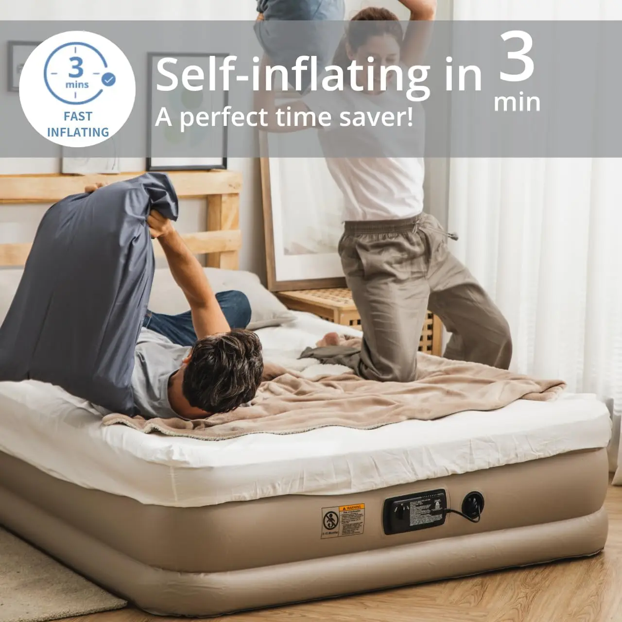 Simpli Comfy Inflatable 18” Queen Air Mattress With Built In Pump Self Inflating Blow Up Durable Heavy Duty Stay Firm