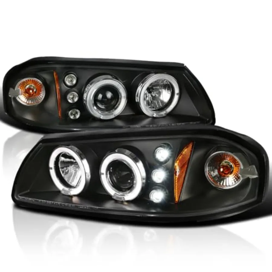 

Black LED Dual Halo Projector Headlights for 2000-2005 Chevy Impala Left + Right Pair Headlamp Assembly with Durable Polycarbon