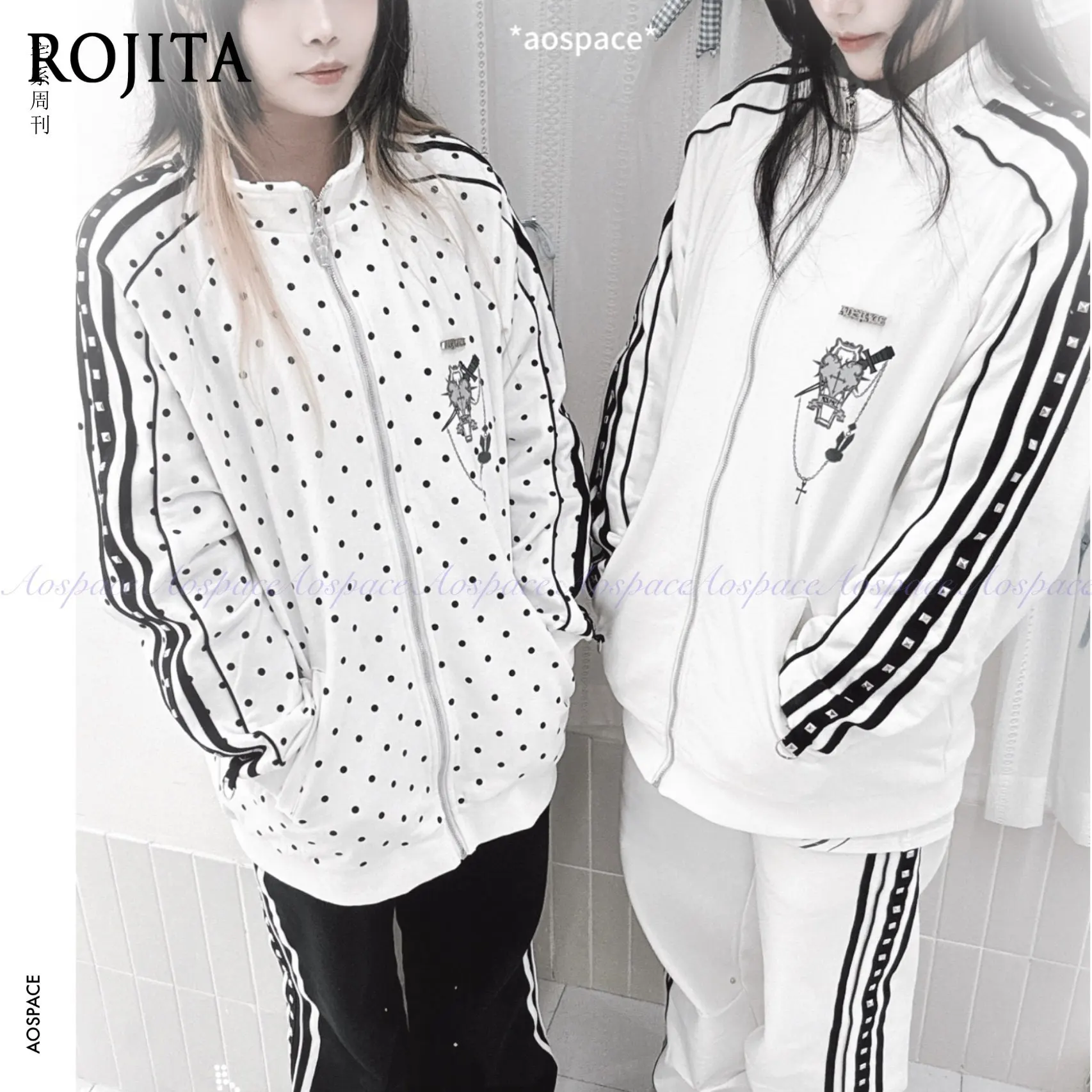 Y2K Kawaii Polka Dot Athletic Jacket Black Dot Print Double Side Stripe High Neck Zip Front Cartoon Graphic Oversized Outer Coat