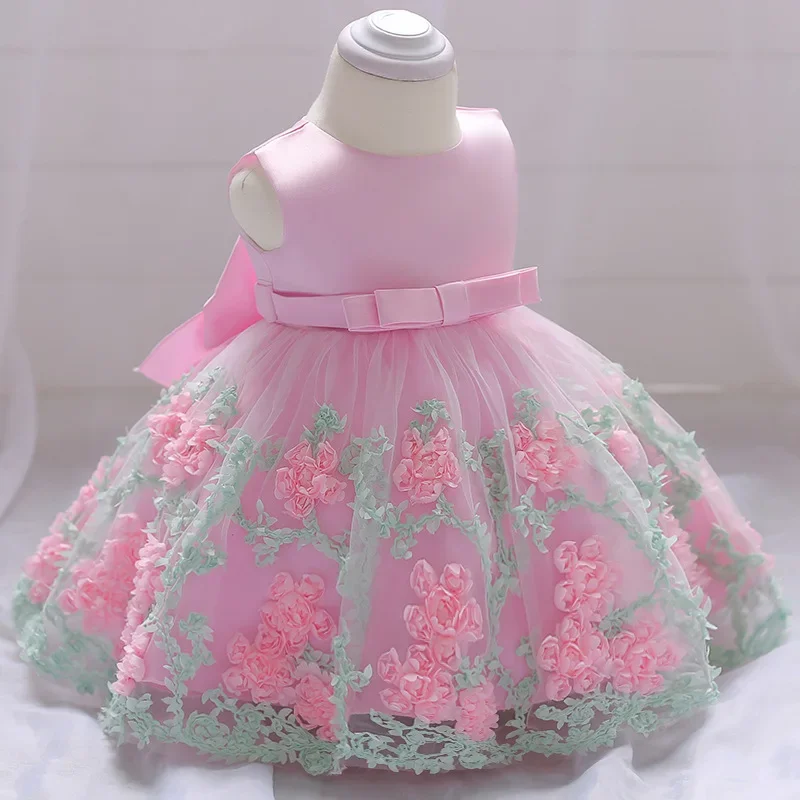 Vestido de princesa de bautismo para niña, tutú de malla sin mangas, lazo de encaje de flores, fiesta de cumpleaños, boda