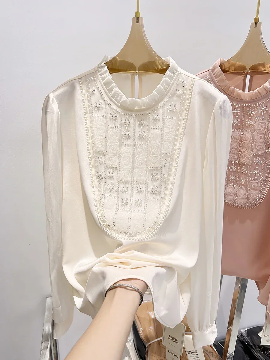 Korean Style Pure Color Stand Collar Ruffled Chiffon Shirt 2023 Autumn New Sequin Bead Lacework Pullover Puff Long Sleeve Blouse
