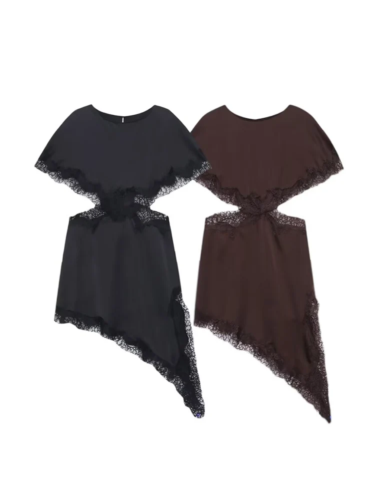 فستان نسائي TFMLN غير متماثل فستان أنيق من الدانتيل ميدي بأكمام قصيرة أنيق للحفلات بحاشية غير منتظمة فساتين مثيرة للشارع الصلبة #2