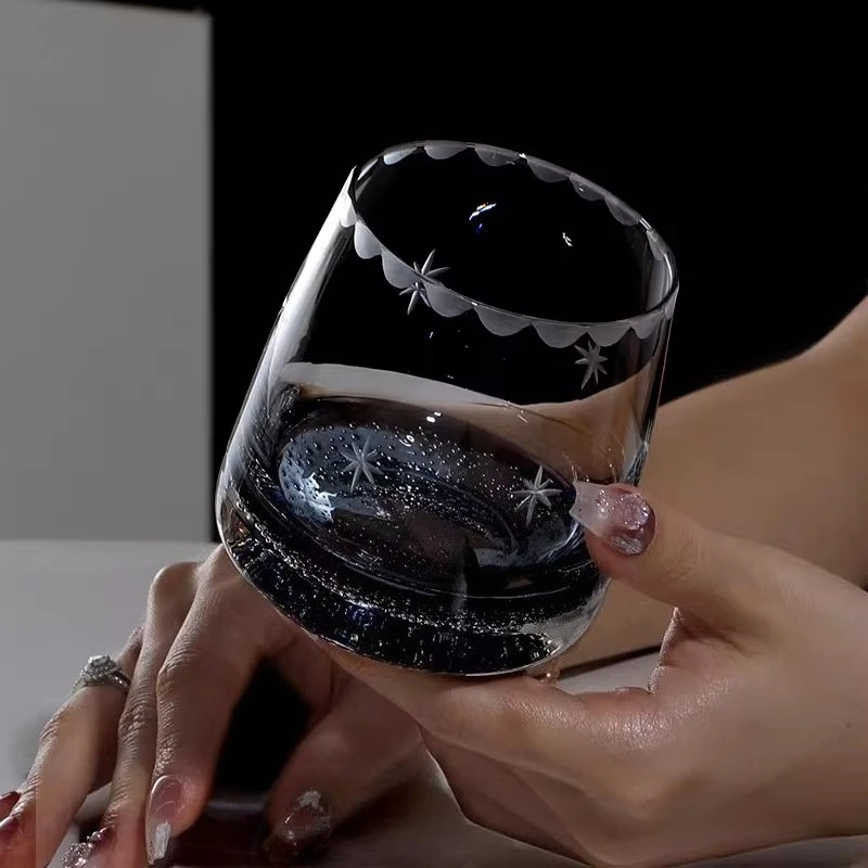 

Creative Star Pattern Thick Bottom Glass Whiskey Glass Household Large Capacity Water Cup Coffee Cup Heat Resistant Design