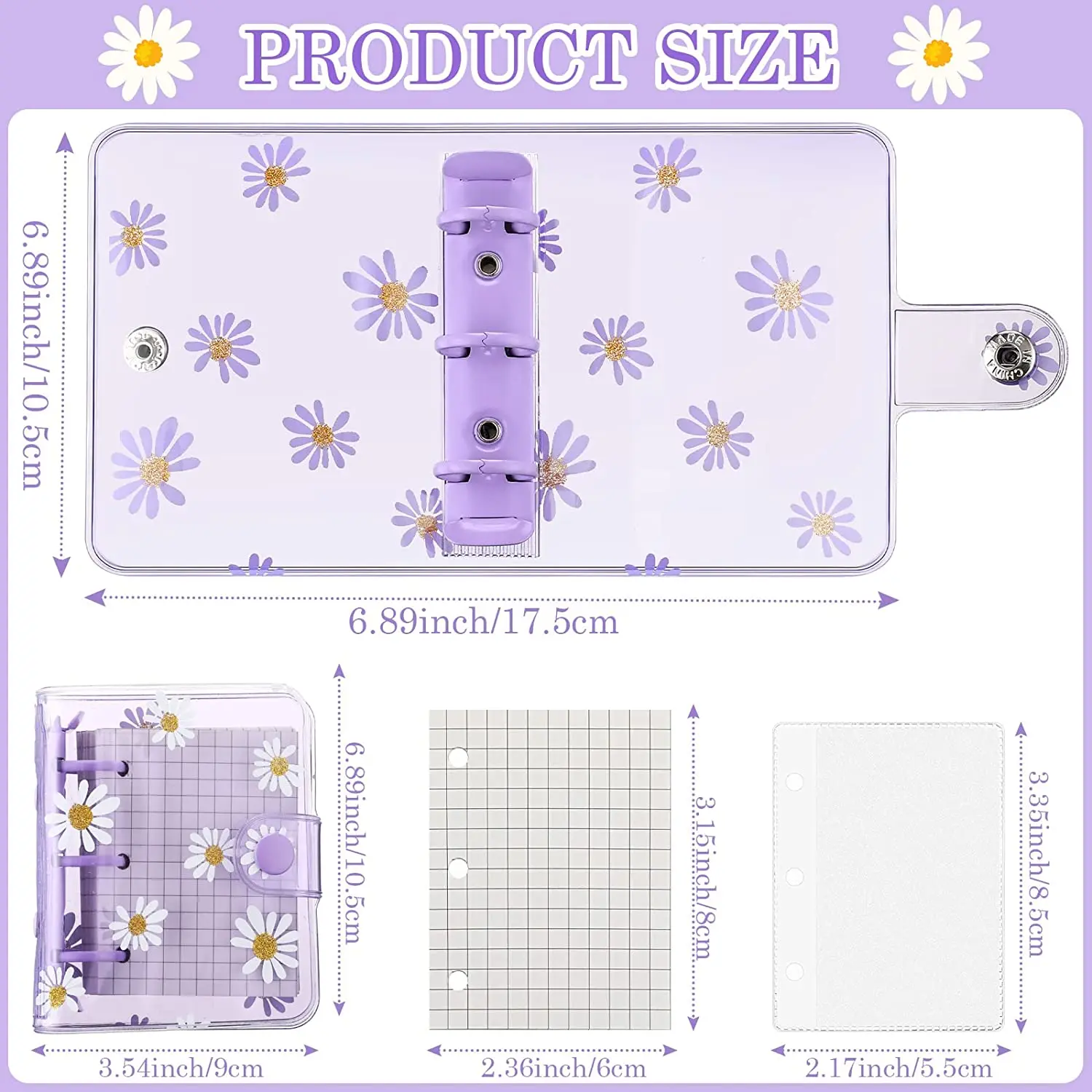 Mini Transparante Pvc 3 Ringband Covers Met Innerlijke Papier, Bindmiddel Zakken, mini Daisy Notebook Bindmiddel 3-Ring Losbladige Notebook