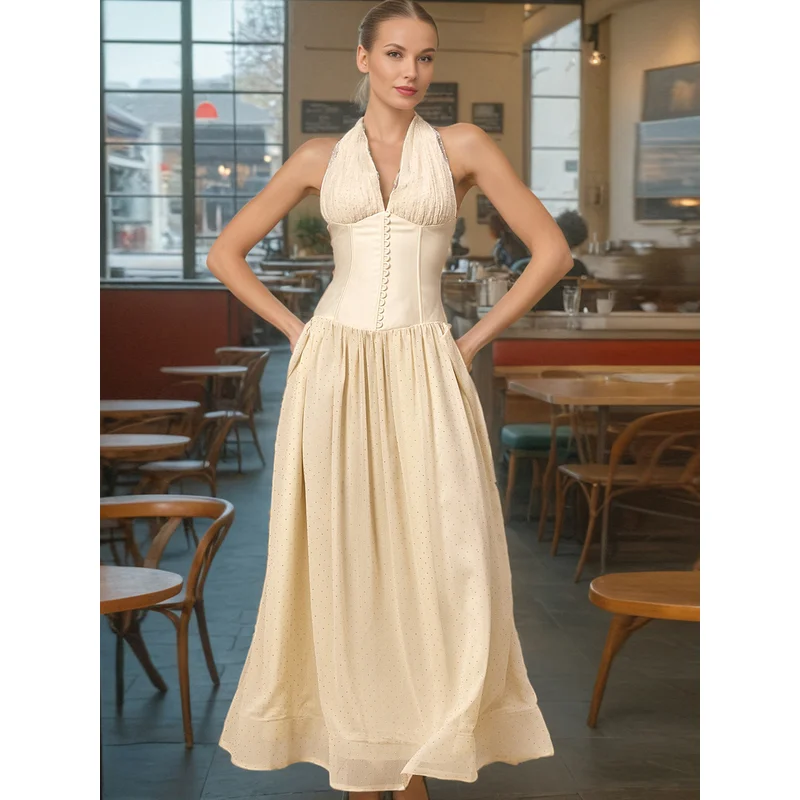 

Sexy V Halter Neck Long Dress 2025 Slim Long Party Backless Dot Beadings Mesh Prom Club Dress For Women