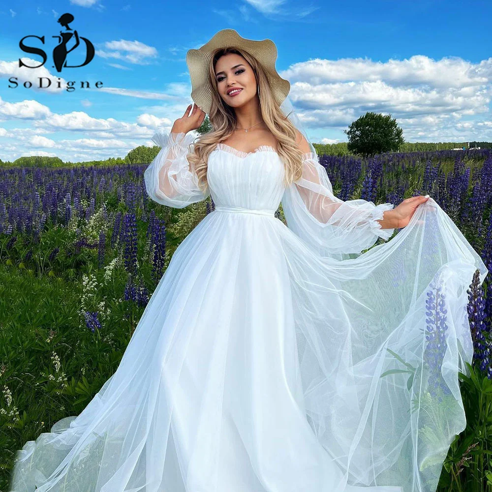 

2022 Corset Boho Wedding Dresses Pleat Puff Sleeves Vestidos De Novia Bride Dress Tulle Wome Brodal Gowns