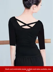 Modal Mid-Sleeve T-Shirt Women Sexy Back Exposure U-Neck Cross Back Beautiful Back Yoga Dance Practice Uniform Commute Style ...