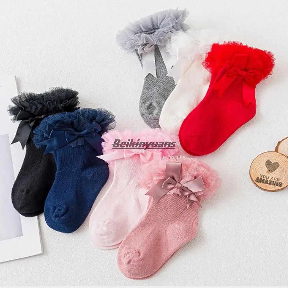 

kids Tutu Short Socks Girls toddler Socks Silk Ribbon Bowknot Lace Ruffles Cotton baby Ankle Socks Photography