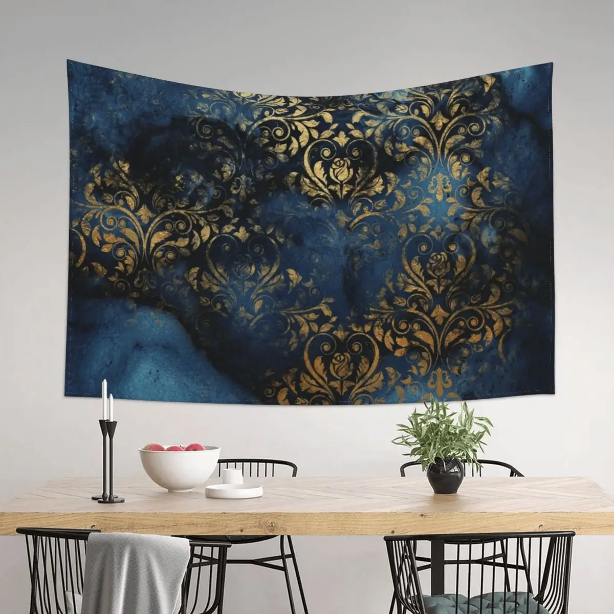 

Indigo Blue Shiny Gold Damask Tapestry Wall Mural Christmas Decoration Room Decoration Aesthetic Tapestry