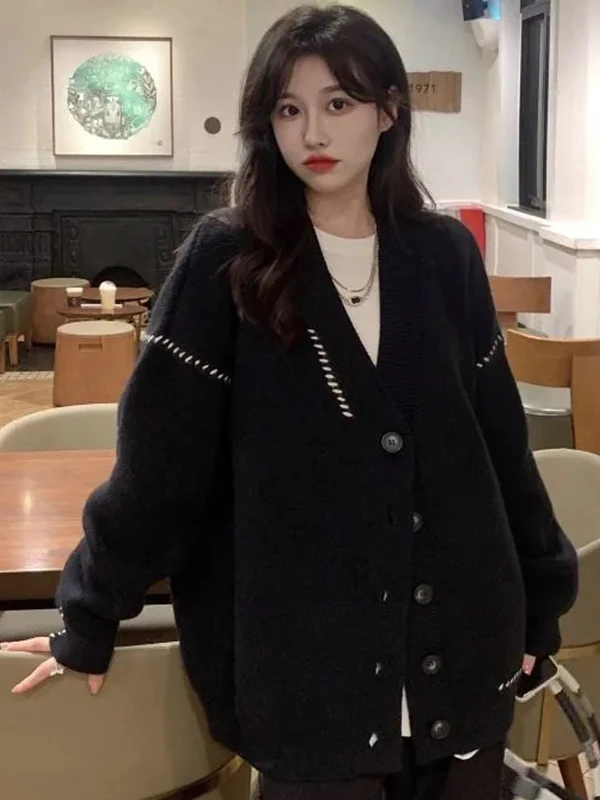 Spring Autumn 2026 Women's Loose Fit Knitted Sweater Coat Casual Style Color Block Outerwear V-Neck Button up Long Sleeve Top