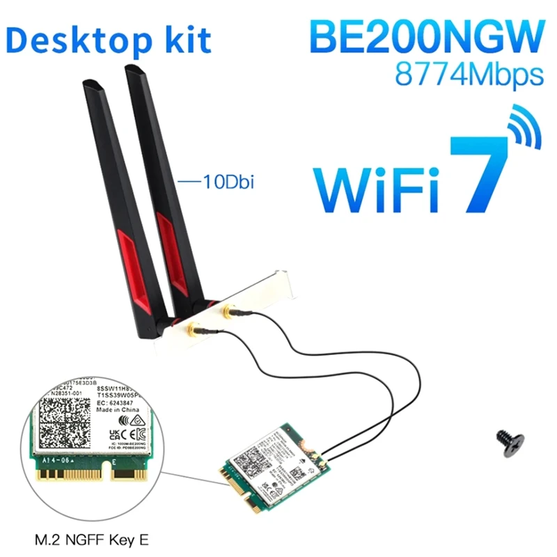 For  BE200 Wifi 7 M.2 Card Bluetooth 5.4 BE200NGW 2.4G/5G/6Ghz Wireless Adapter Network Card With Antennas(10Dbi) Durable