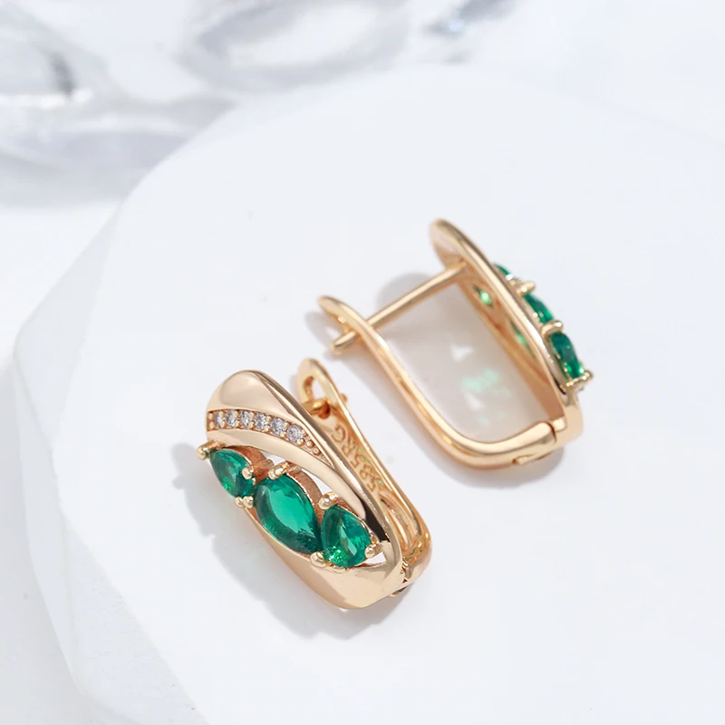 Wbmqda New 585 Rose Gold Color Earrings Ring For Women Unusual Green Natural Zircon Ethnic Bride Vintage Wedding Jewelry Sets