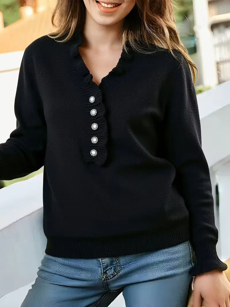 เสื้อสเวตเตอร์แขนยาวประดับมุกสำหรับผู้หญิง คอวี แต่งระบาย