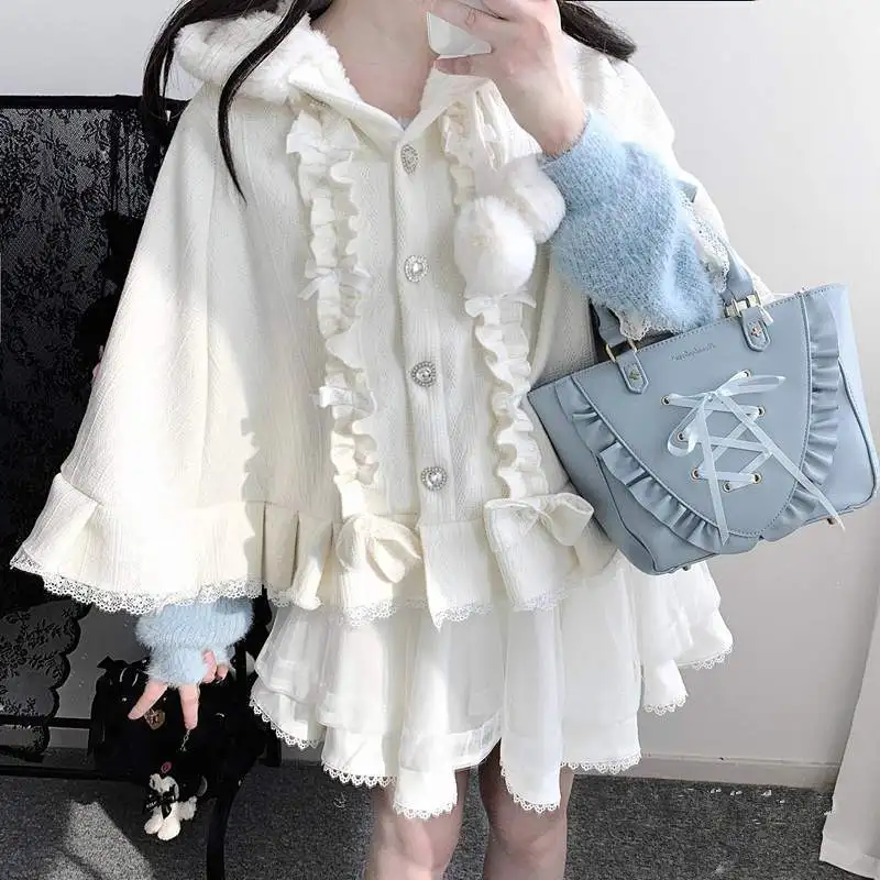 MAGOGO Original Sweet Cute Diamond Button Hooded Fleece-Lined Small Cape Autumn Winter Japanese Lolita Loose Cute Ponchos Cloak