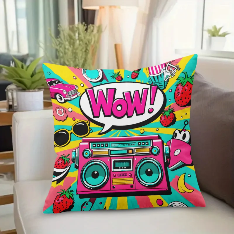 Double Sided Retro Pop Art Decorative Pillowcase - 2D Printed Wow Boombox & Fruit Cushion Cover for Sofa Home Decor, 1 Piece