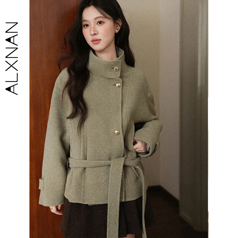 ALXNAN Green Woolen Coat Stand Collar Elegant Jackets Waist Tie Belt Detail Women Autumn Winter Overcoat Female Clothing L57851