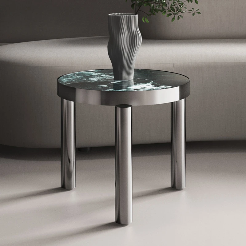 Prada green luxury stone slate. Bright stainless steel/Modern living room circular edge table