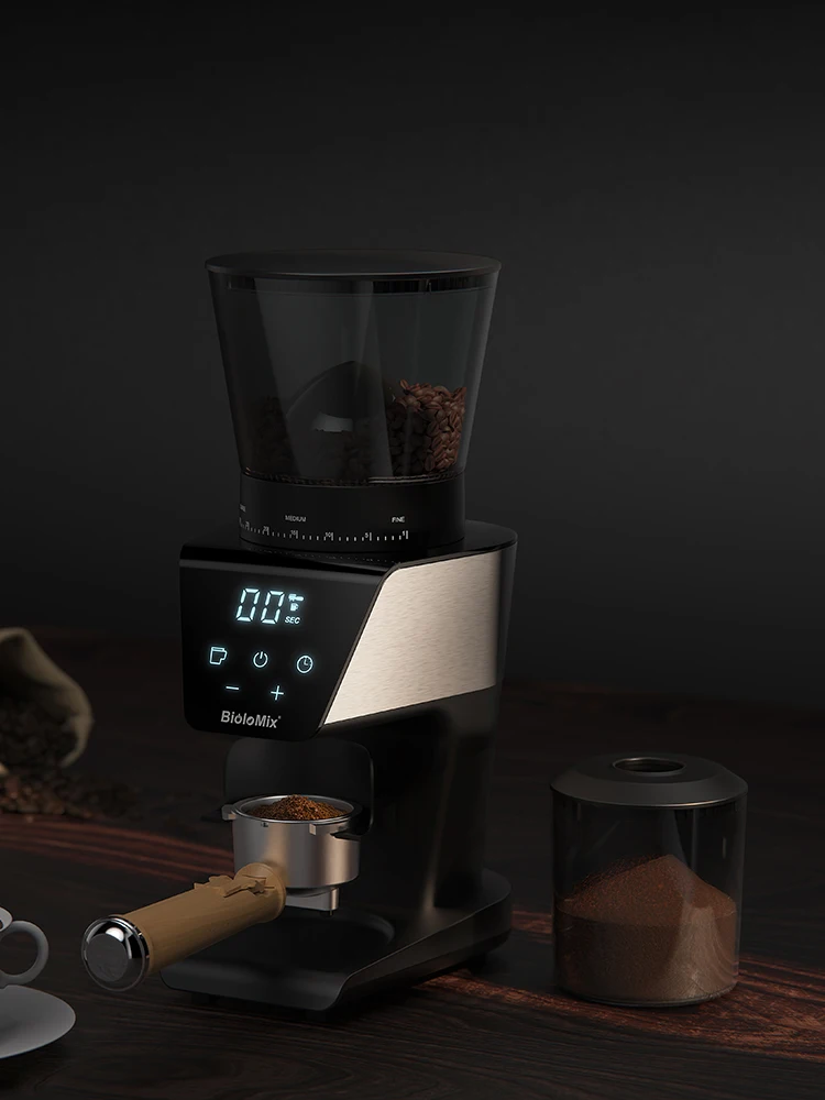 CoffArt by BioloMix Automatische elektrische Kaffeemühle mit 30 Mahlgraden für Espresso, American Coffee, Pour Over und visueller Bohnenaufbewahrung