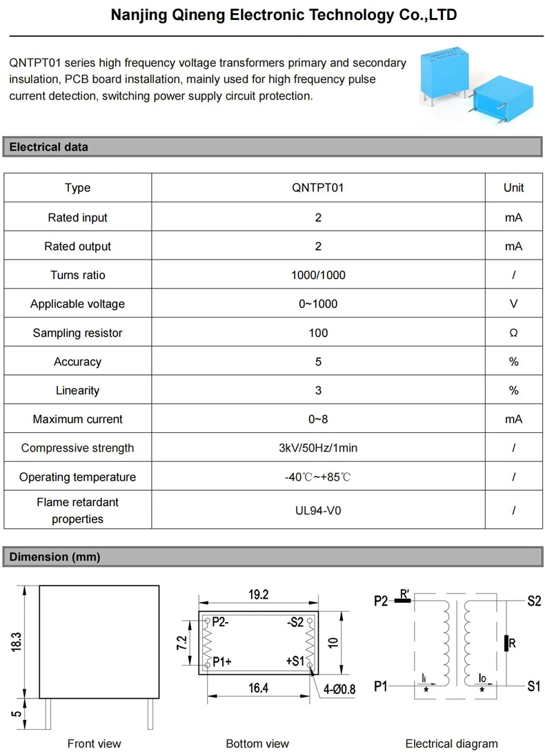 High Frequency Current Transformer 2kHz 200kHz QNTPT01 2mA 1A 5mA 200:1 Ferrite Core Micro Current Transformer CT