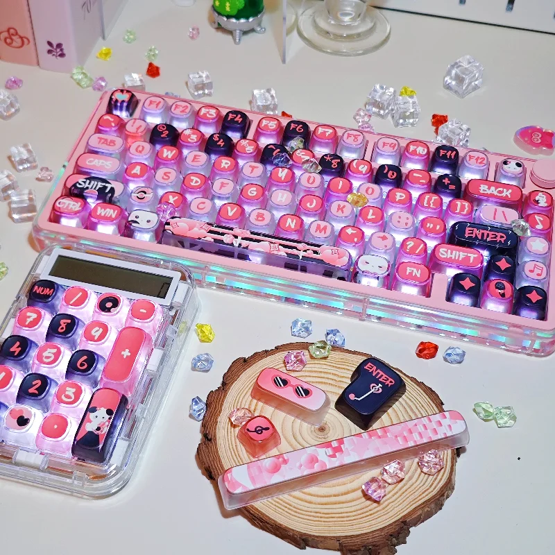 Transparent Keycaps Pudding Moa Height Pbt+Pc Four Sided Transparent Rock Band Theme Pink Black Keycaps 6.25U Space Bar Key