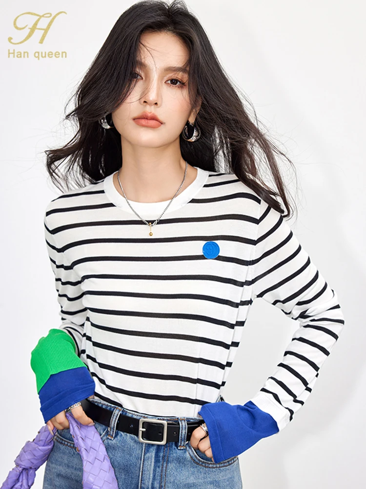 H Han Queen 2024 Spring Korean Woman Clothing Fashion Clashing Stripes Casual T-Shirts Basic Long Sleeve Vintage Top Female Tees