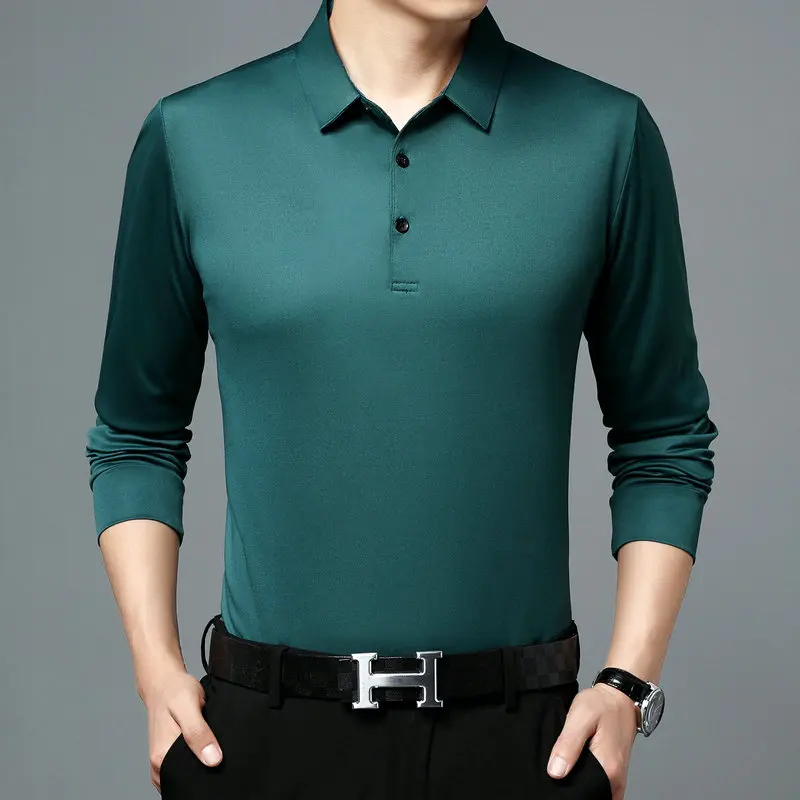 Men Casual Polo Shirts Green Red Blue Black Plain Color Long Sleeve Turn Down Collar Basic Tops Male Daily Clothes Autumn 2022