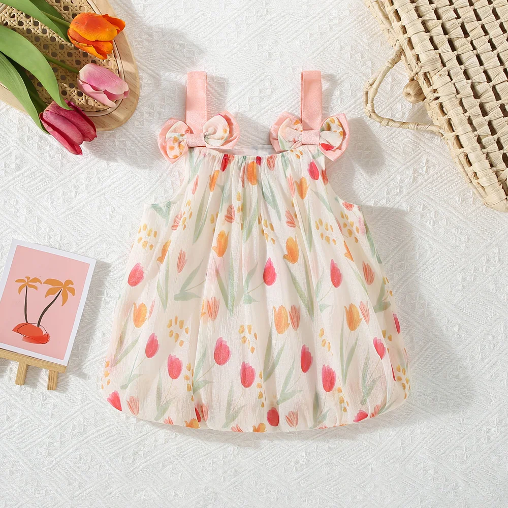 Summer New Girl Baby Dress with Bow and Sleeveless Puff Dress Handdrawn Tulip Sweet Princess Dress (0-3 Years Old)