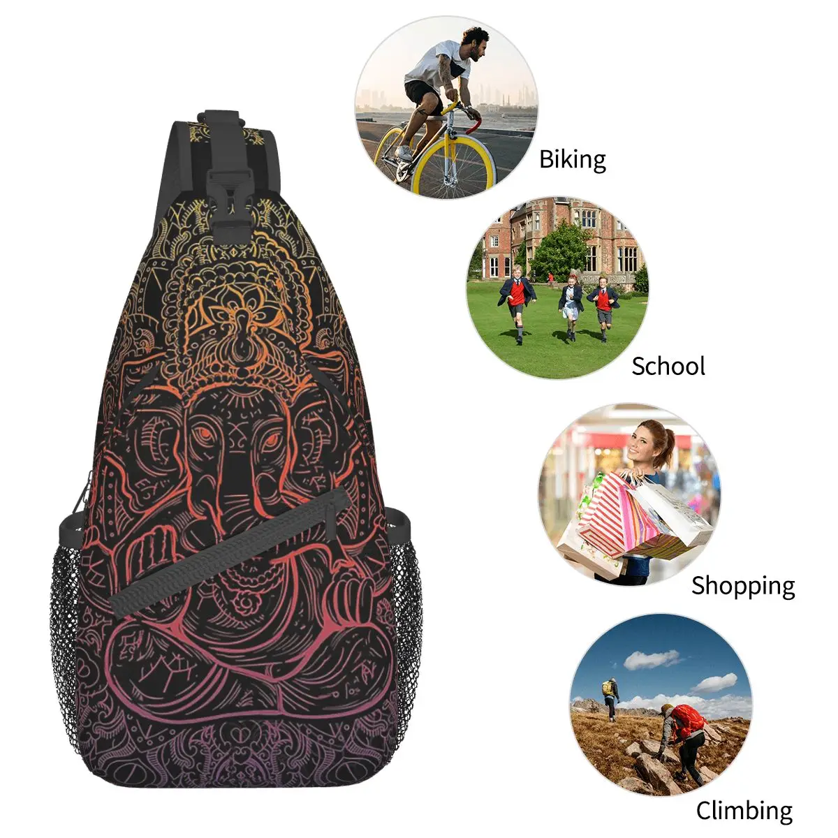 Lord Ganesha Elephant Crossbody Sling Bag Small Chest Bag Cartoon Animal Shoulder Backpack Daypack Hiking Outdoor Camping Bag