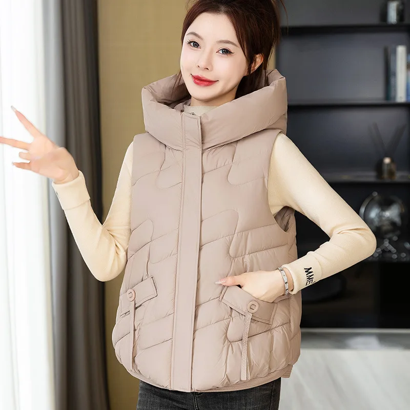 

2024 Autumn/Winter Down Cotton Vest Women's Short Student Hooded Warm WaistCoat